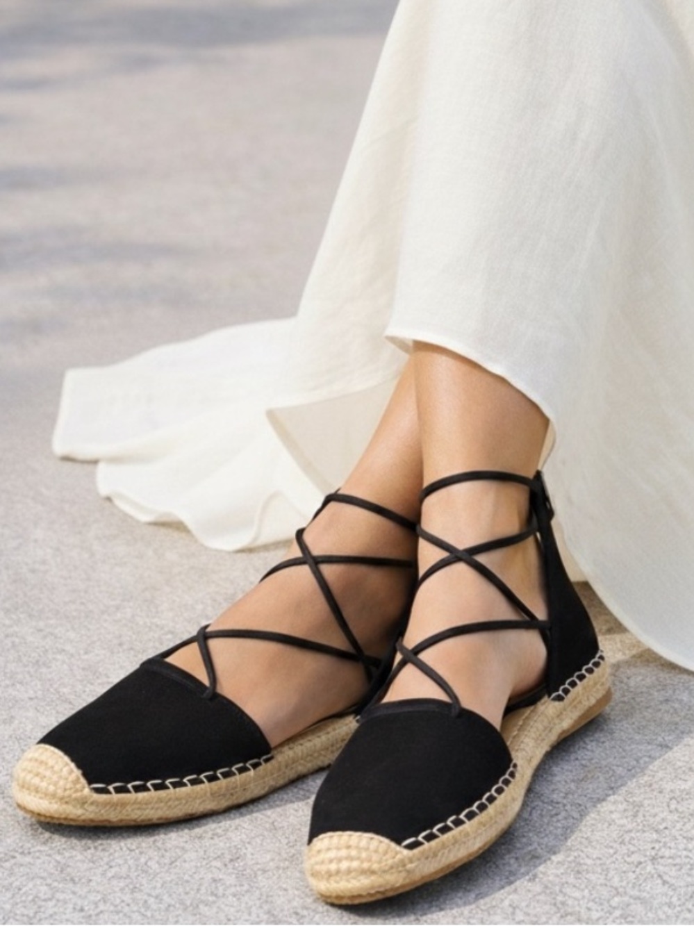 🌻NEW w/tag Eileen Fisher Lace Espadrille Sandal Black Suede Ankle Back Zip sz 9